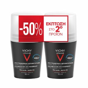Vichy Homme Anti-irritation Anti Perspirant 48h Υποαλλεργικό αποσμητικό Roll-On για ευαίσθητες επιδερμίδες 2x50ml