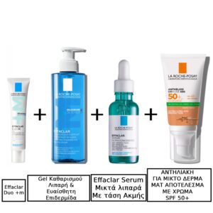 La Roche Posay Effaclar Duo+m Κρέμα Προσώπου για Ατέλειες & Ακμή 40ml & Effaclar Gel Καθαρισμού για Λιπαρή Ευαίσθητη Επιδερμίδα 400ml & La Roche Posay Effaclar Ultra Concentrated Serum Ορός Για Μικτά Λιπαρά Δέρματα Με Τάση Ακμής 30ml & La Roche Posay Anthelios UVMUNE 400 Oil Control Gel Cream SPF50+ Αντηλιακή Κρέμα Προσώπου για Ματ Αποτέλεσμα Με Χρώμα, 50ml