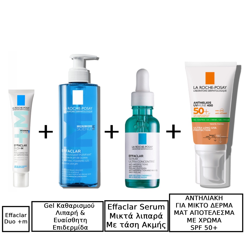 La Roche Posay Effaclar Duo+m Κρέμα Προσώπου για Ατέλειες & Ακμή 40ml & Effaclar Gel Καθαρισμού για Λιπαρή Ευαίσθητη Επιδερμίδα 400ml & La Roche Posay Effaclar Ultra Concentrated Serum Ορός Για Μικτά Λιπαρά Δέρματα Με Τάση Ακμής 30ml & La Roche Posay Anthelios UVMUNE 400 Oil Control Gel Cream SPF50+ Αντηλιακή Κρέμα Προσώπου για Ματ Αποτέλεσμα Με Χρώμα, 50ml