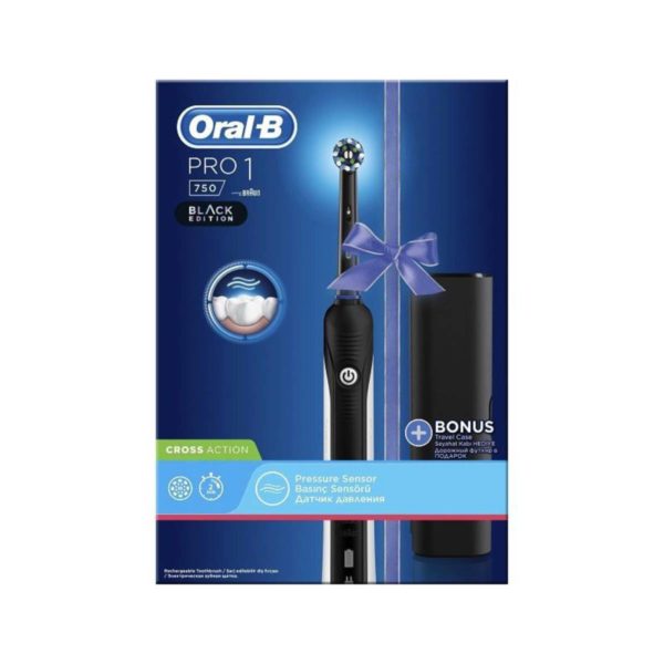 Oral-B Pro 750 CrossAction 3D Black Edition Hλεκτρική Οδοντόβουρτσα με 1 κεφαλή σε Μαύρο Χρώμα & Δώρο Μαύρη Θήκη Ταξιδιού 1τμχ
