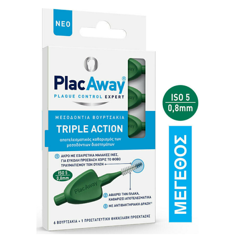 PlacAway Triple Action Μεσοδόντια Βουρτσάκια 0.8mm σε χρώμα Πράσινο 6τμχ