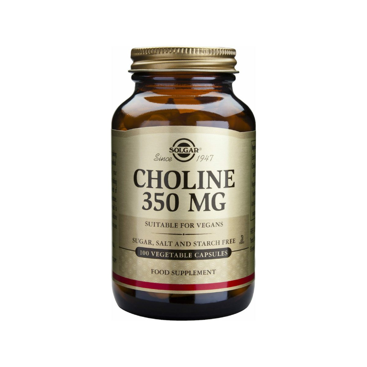 Solgar Choline 350mg Συμπλήρωμα Διατροφής Χολίνη για Καλή Λειτουργία του Νευρικού Συστήματος, Εγκεφάλου & Μνήμης - Συμβάλλει στο Μεταβολισμό Λιπών & Χοληστερίνης, 100veg.caps