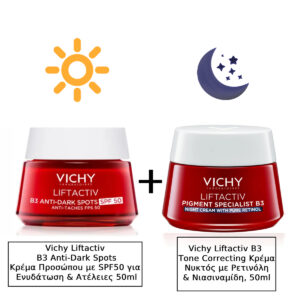 Vichy Liftactiv B3 Anti-Dark Spots 48ωρη Κρέμα Προσώπου με SPF50 για Ενυδάτωση & Ατέλειες 50ml & Vichy Liftactiv B3 Τone Correcting Κρέμα Νυκτός με Ρετινόλη & Νιασιναμίδη, 50ml
