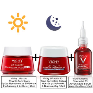 Vichy Liftactiv B3 Anti-Dark Spots 48ωρη Κρέμα Προσώπου με SPF50 για Ενυδάτωση & Ατέλειες 50ml & Vichy Liftactiv B3 Τone Correcting Κρέμα Νυκτός με Ρετινόλη & Νιασιναμίδη, 50ml & Vichy Liftactiv Specialist B3 Serum Προσώπου Αντιριτιδικός Ορός Κατά Των Πανάδων 30ml