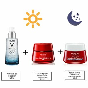 Vichy Mineral 89 24ωρο Gel Προσώπου με Υαλουρονικό Οξύ για Ενυδάτωση 50ml & Vichy Liftactiv Collagen Specialist 16 Κρέμα Προσώπου Ημέρας με Κολλαγόνο 50ml & Vichy Liftactiv B3 Τone Correcting Κρέμα Νυκτός με Ρετινόλη & Νιασιναμίδη, 50ml