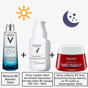 Vichy Mineral 89 24ωρο Gel Προσώπου με Υαλουρονικό Οξύ για Ενυδάτωση 50ml & Vichy Capital Soleil UV-Age Daily Tinted Light Αντηλιακή Κρέμα Προσώπου SPF50 με Χρώμα 40ml & Vichy Liftactiv B3 Τone Correcting Κρέμα Νυκτός με Ρετινόλη & Νιασιναμίδη, 50ml