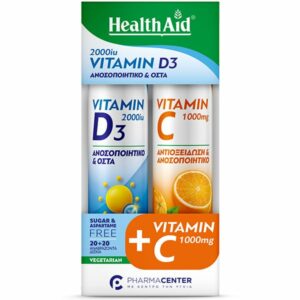 Health Aid Βιταμίνη D3 για Ενίσχυση του Ανοσοποιητικού & την Υγεία των Οστών 2000iu 20 αναβράζοντα δισκία και 1000mg Βιταμίνη C 20 αναβράζοντα δισκία